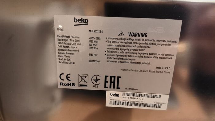 For sale: Beko MGB25332BG built-in microwave with grill, stainless steel finish.