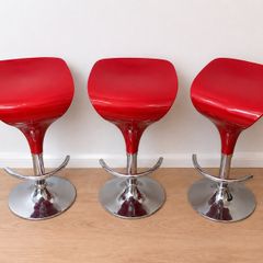 3 Red Adjustable Bar Stools Modern Gloss Finish