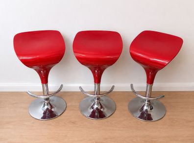3 Red Adjustable Bar Stools Modern Gloss Finish