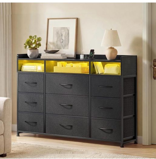 Chest of Drawers for Bedroom with LED and Charging Station, Black