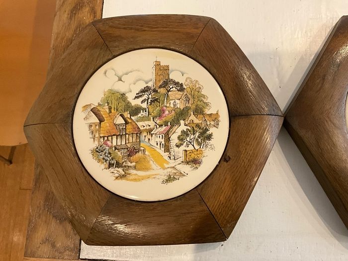 Vintage Plaques .Tikes in Oak Hexagon Shaped Frames