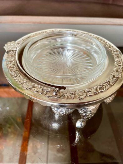Vintage Silver Colour Roll Top Butter Dish with Glass Insert or Ornate Caviar Server