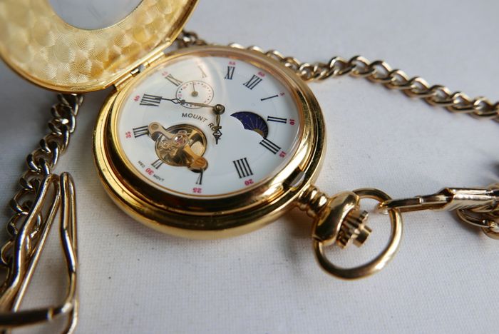 Mount Royal Half Hunter Gold Plated Sun and Moon Dial Pocket Watch (works perfectly)
