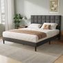 King Bed Frame, Easy Assembly, Sturdy Wooden Slat Support, Upholstered Platform with Headboard, No Box Spring Needed, Gray King Bed 150 by 200 Image 3