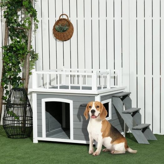 Dog House, Rooftop Terrace, Stairs, Window, Ground Clearance, Natural Wood, Light Gray, 121 x 77 x 78cm