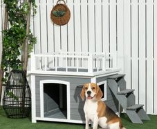 Dog House, Rooftop Terrace, Stairs, Window, Ground Clearance, Natural Wood, Light Gray, 121 x 77 x 78cm