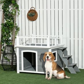 Dog House, Rooftop Terrace, Stairs, Window, Ground Clearance, Natural Wood, Light Gray, 121 x 77 x 78cm
