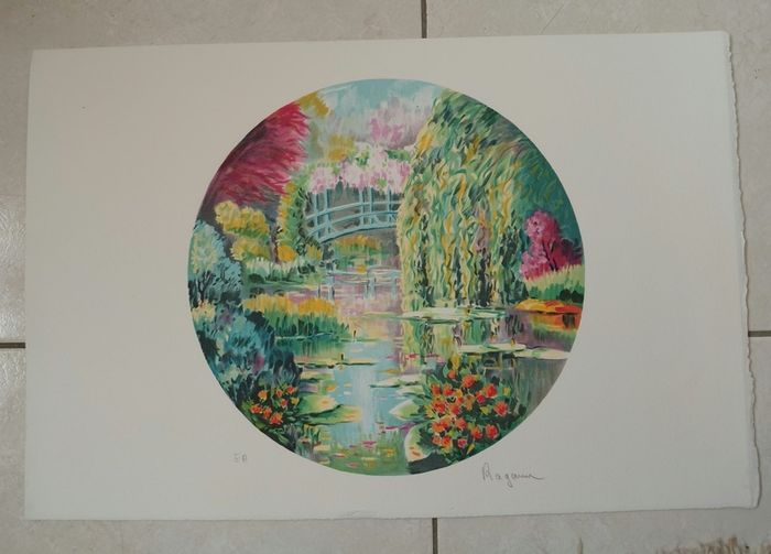 hand signed lithograph Bridge at Giverny by Alain Ragaru