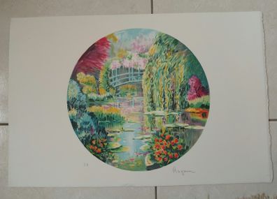 hand signed lithograph Bridge at Giverny by Alain Ragaru