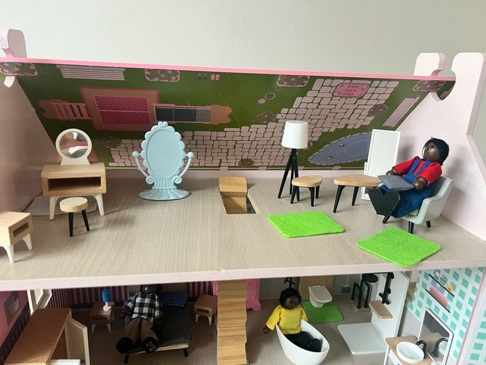 wooden dolls house with furniture & figures
