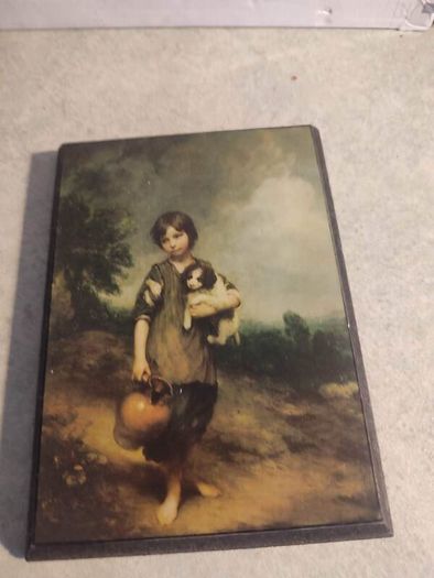 SMALL PRINT ON WOOD PLQUE OF Cottage Girl with a Dog and Pitcher - Gainsborough