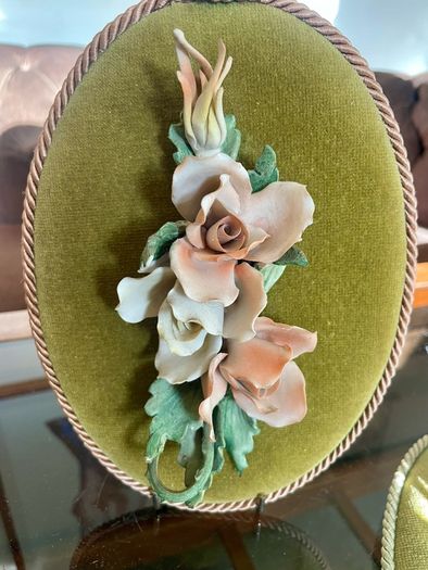 Vintage Pair Genuine Capo di monte 3D Porcelain Floral Wall Plaques with Label