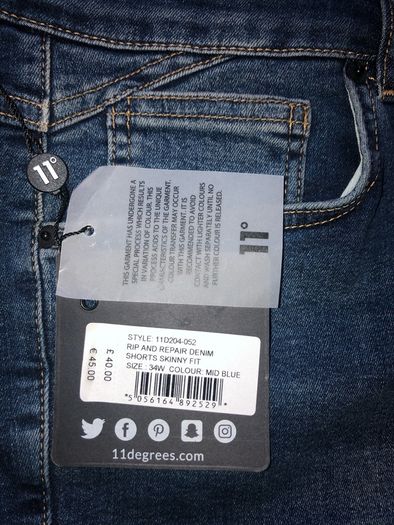 Shorts jeans 11 degrees skinny fit denim blue size W 34 brand new