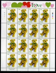 2002 Ireland Greetings (Teddy Bear) Commemorative Stamp Sheetlet Plate 1A1A1A1A Mint Never Hinged (MNH)