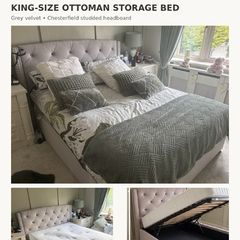 King Size Grey Velvet Ottoman Storage Bed & Brand New Mattress