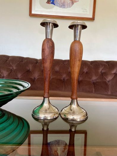Vintage Tall Pair of Silver Metal and Wooden Candlestick Holders