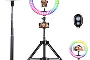 10" Ring Light with Stand and Phone Holder, RGB Dimmable Ring Light with 4 Light Modes and Bluetooth Remote for Tiktok/YouTube/Instagram/Photography/Makeup/Online Meeting