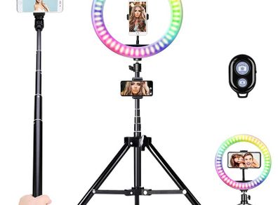 10" Ring Light with Stand and Phone Holder, RGB Dimmable Ring Light with 4 Light Modes and Bluetooth Remote for Tiktok/YouTube/Instagram/Photography/Makeup/Online Meeting