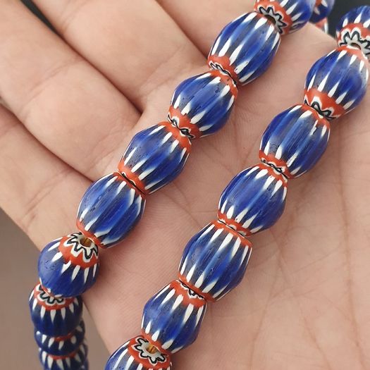 Antique Venetian Style Blue Chevron Glass Beads Necklace Strands