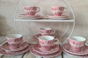 Tea Set Pink White Cups Saucers Plates Wood Ware
