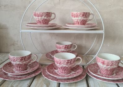 Tea Set Pink White Cups Saucers Plates Wood Ware