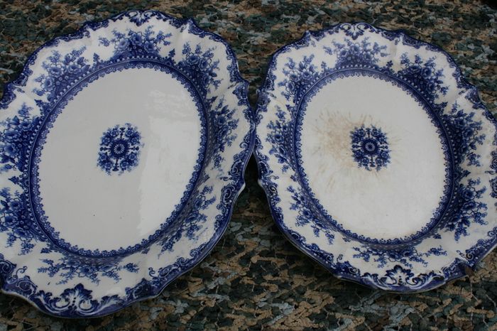 Vintage Ironstone Blue and white Transfer Serving Plates HUDSON WILCOX & TILL - England 16"x12" and 14"x11"