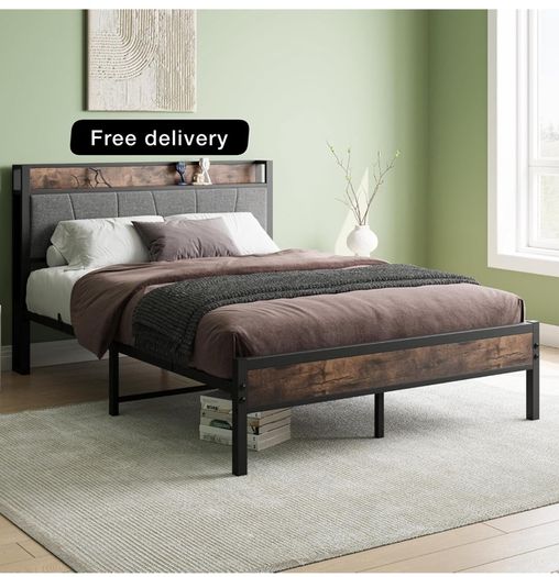 Double Bed Frames with Storage Headboard,Heavy Duty Metal Upholstered Platform Bed Frame