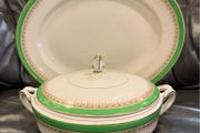 Alfred Meakin fine china soup tureen and matching platter with green and gold trim.