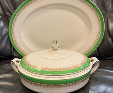 Alfred Meakin fine china soup tureen and matching platter with green and gold trim.