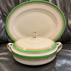 Alfred Meakin fine china soup tureen and matching platter with green and gold trim.