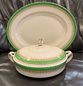 Alfred Meakin fine china soup tureen and matching platter with green and gold trim.
