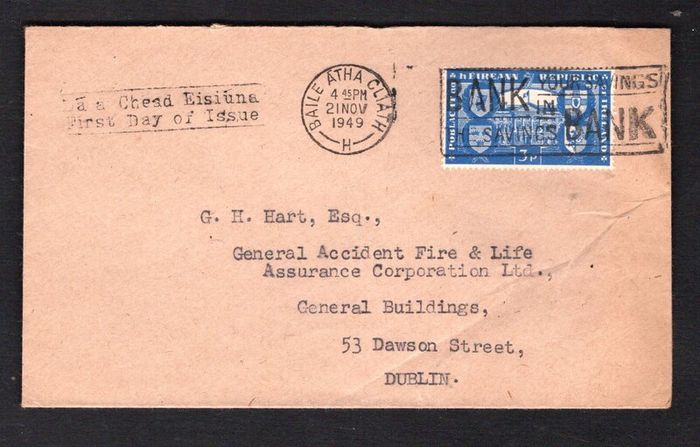 1949 Ireland Republic of Ireland (International Recognition of the Republic) Commemorative Stamps Neatly typed addressed pair on plain First Day Cover (FDC) with Baile Atha Cliath (Dublin) cancel and Bank in the savings Bank slogan cancel