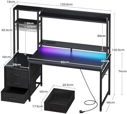 Gaming Desk with Drawers & Display Shelves, 120x48 cm Computer Desk with LED Lights & Sockets, Reversible PC Gaming Table with Monitor Stand, Carbon Fiber Black