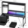 Gaming Desk with Drawers & Display Shelves, 120x48 cm Computer Desk with LED Lights & Sockets, Reversible PC Gaming Table with Monitor Stand, Carbon Fiber Black Image 2