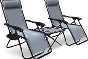 Zero Gravity Chair with Side Table, Set of 2, Deck Folding Recliner Sun Loungers Outdoor Chair with Cup and Phone Holder, Grey