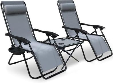 Zero Gravity Chair with Side Table, Set of 2, Deck Folding Recliner Sun Loungers Outdoor Chair with Cup and Phone Holder, Grey