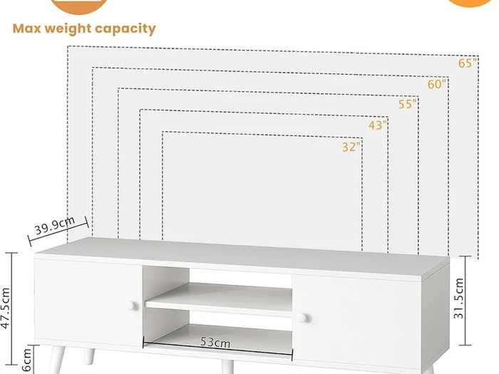 TV Stand for 55, 65 Inch TV, Entertainment Center with Adjustable Shelf, TV Console with 2 Cabinets, Media Console, Storage White TV Stand, 4 Cord Holes, for Living Room, Bedroom - White