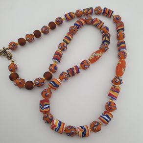Vintage Venetian Style Skunk Eyes & Feather Desgin Glass Beads Necklace