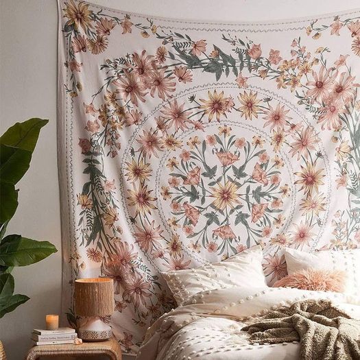 NEW SALE |  Bohemian Tapestry Wall Hanging, Mandala Flower Medallion Hippie Tapestry with White Aesthetic Wreath Design, Psychedelic Hippie Wall Decoration Ceiling for Bedroom Dorm 150 x 170 cm