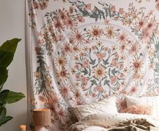 NEW SALE |  Bohemian Tapestry Wall Hanging, Mandala Flower Medallion Hippie Tapestry with White Aesthetic Wreath Design, Psychedelic Hippie Wall Decoration Ceiling for Bedroom Dorm 150 x 170 cm