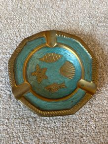 Vintage Octagonal Brass and Enamel Ashtray