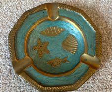 Vintage Octagonal Brass and Enamel Ashtray