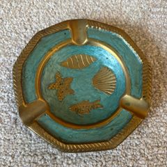 Vintage Octagonal Brass and Enamel Ashtray