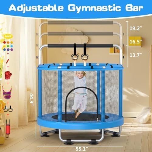 55 Trampoline for Kids with Enclosure Trampoline with Adjustable Gymnastics Bar & Toys