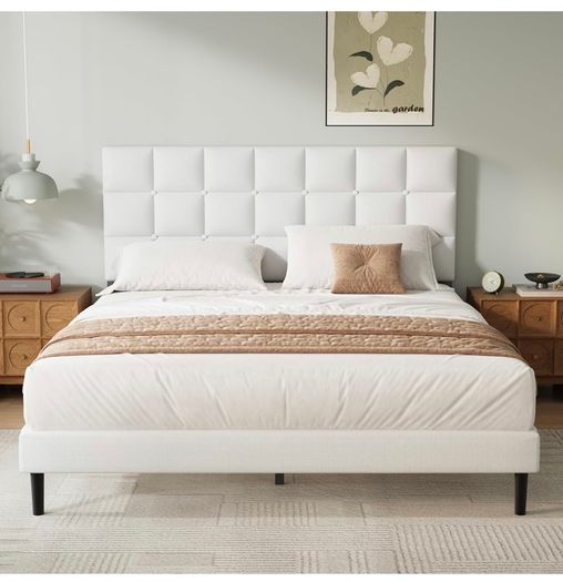 Double Bed Frame, Easy Assembly, Sturdy Wooden Slat Support, Upholstered Platform with Headboard, No Box Spring Needed, White Double Bed 135x190