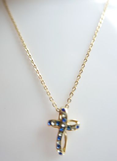 Vintage Gold Plated and Blue Austrian Crystal Cross Necklace length 16"