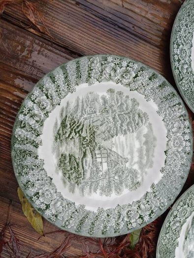 Green plates,  British Anchor, green transferware, green delph