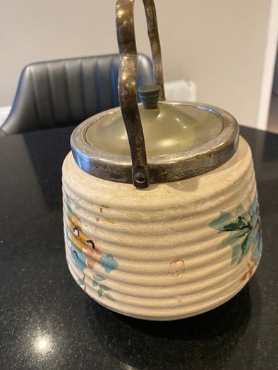 Bramley vintage ribbed biscuit barrel with  silver plated lid .