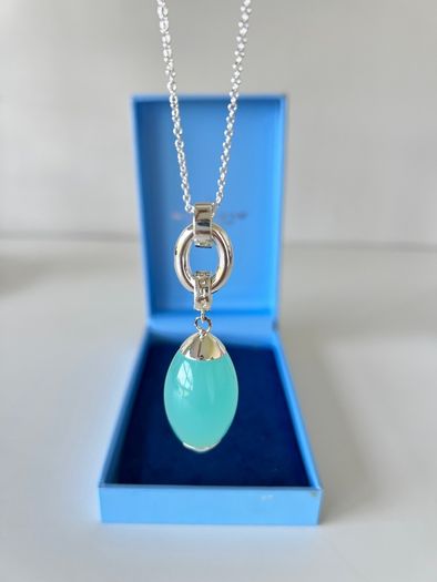 Newbridge Silverware Long Aqua Pendant Necklace + Original Box