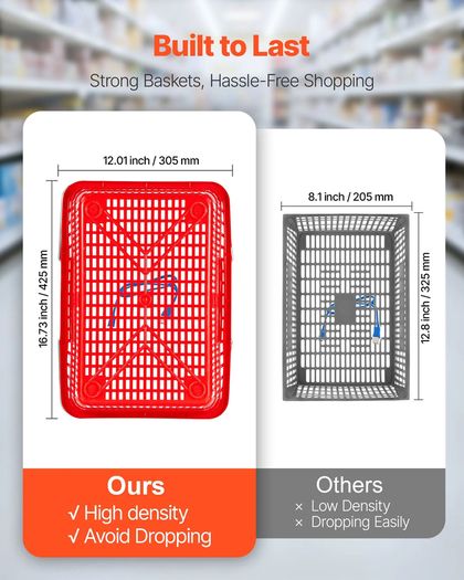 12 PCS, 21L Stackable PE Plastic Grocery Baskets with Metal Handles, Dense Mesh Structure, Holds up to 9.07kg, Portable for Grocery